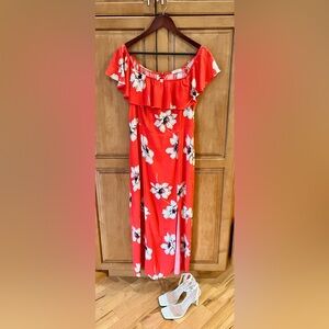 Promesa Orange & White Floral Off the Shoulder Midi Dress - Size Medium